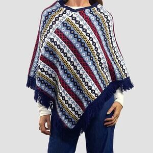 Vintage Knit Southwest Pattern Asymmetrical Sweater Poncho With Fringe Sz Small